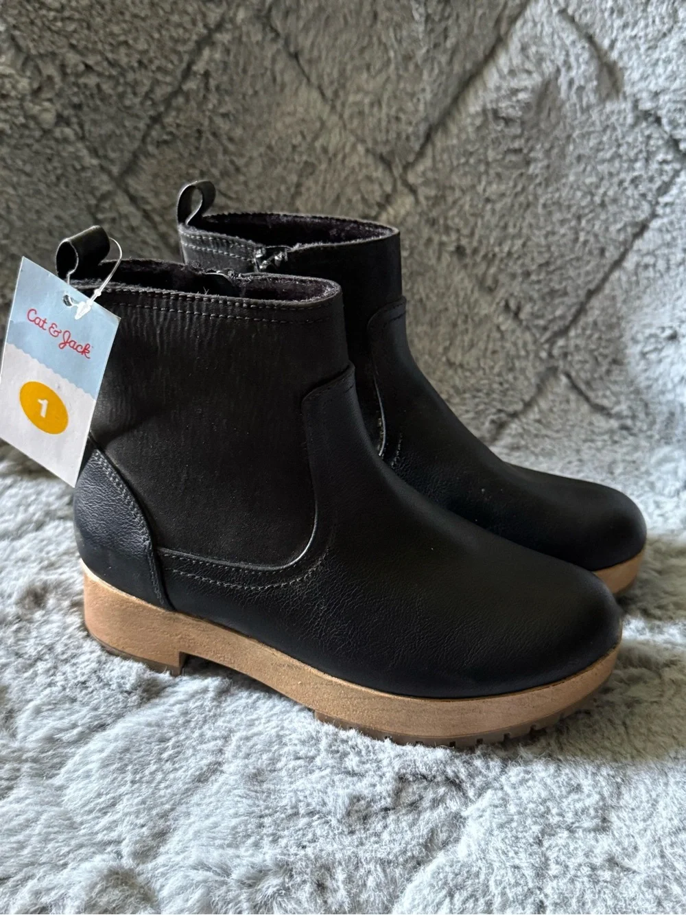 Cat & Jack Black Ankle Boots with Tan Platform Size 1 New